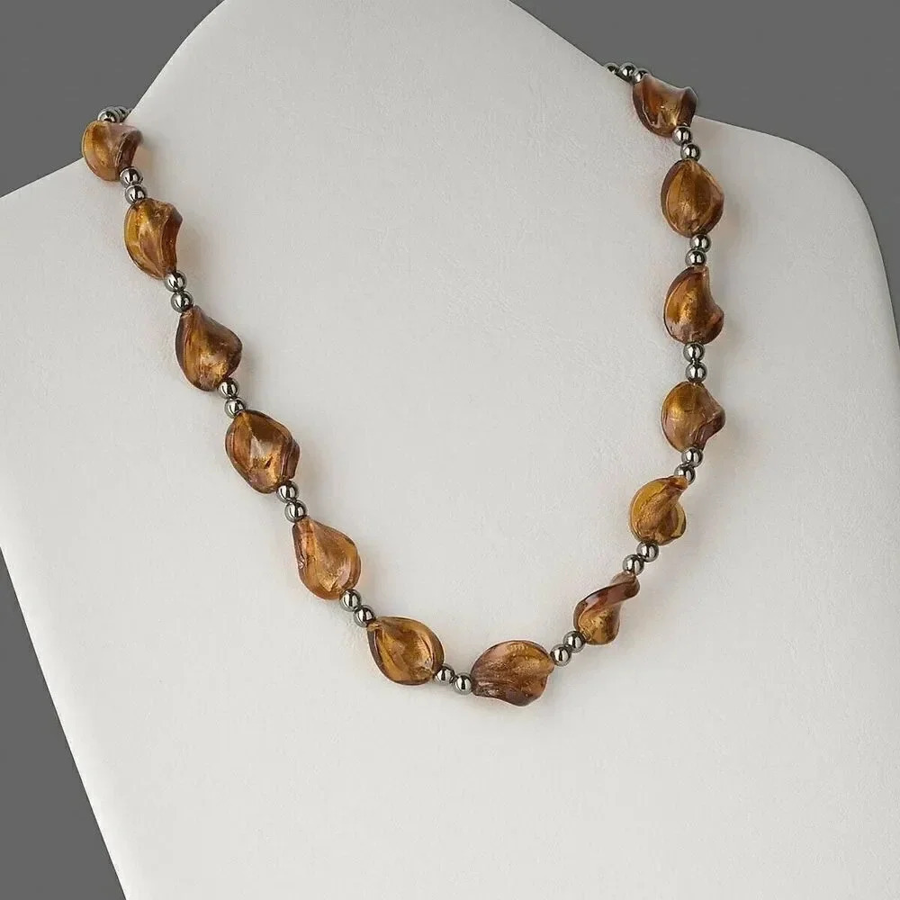 Hand Crafted Twisted Amber Murano Glass & Gunmetal Brass Beads Necklace - Picture 3 of 3